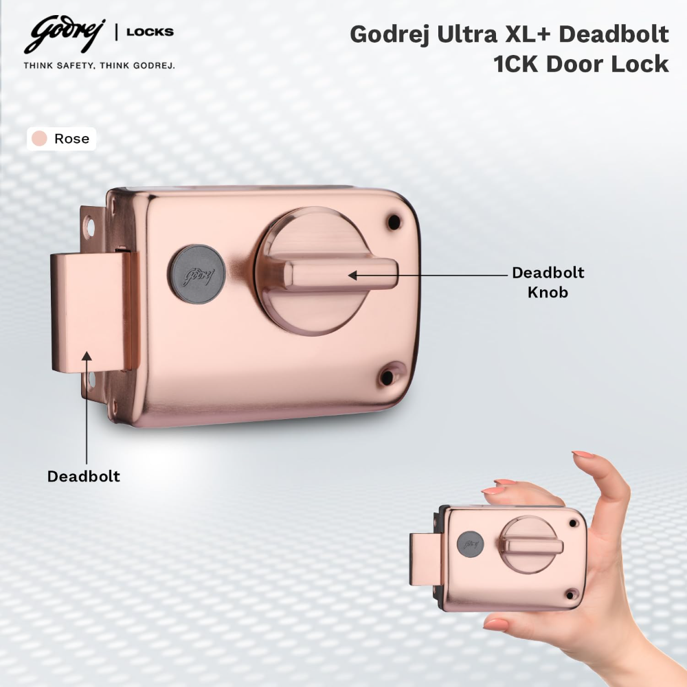 Godrej Rim Lock I Rim Deadbolt Ultra XLplus I 1CK Deadbolt I for Inside Opening Wooden Door | Left or Right Handed Doors I 4 Keys I 5-Year Warranty I Manual Locking l Rose Gold Finish